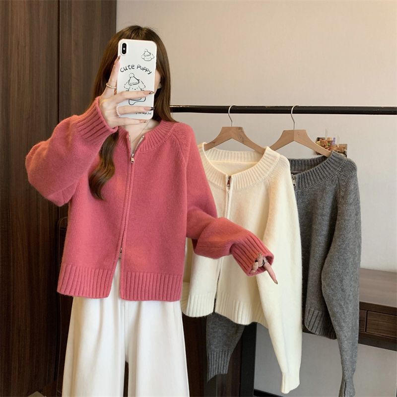 Fashionable Loose Simple Women'S New Style Lazy Style Double Zipper Long-Sleeved Sweater Women'S Knitted Cardigan - Image 4